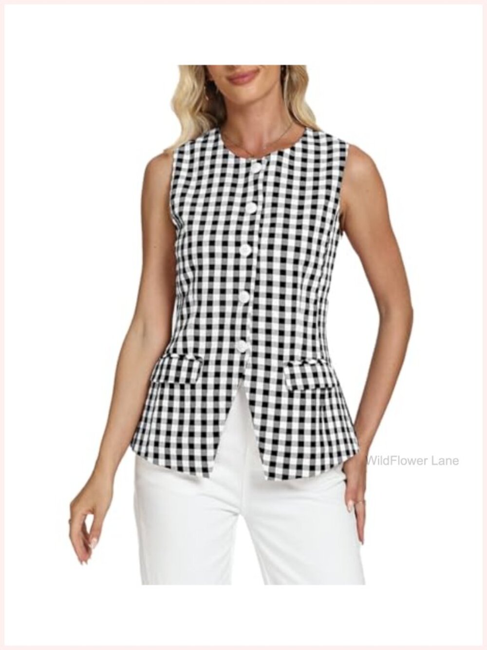Women's Gingham Suit Vest Sleeveless Button Front Blazer Waistcoat